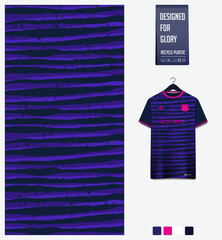 Soccer jersey pattern design. horizontal stripe pattern on violet background for soccer kit, football kit, sports uniform. T shirt mockup template. Fabric pattern. Abstract background. 