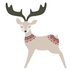 Scandinavian authentic minimal nordic deer illustration on isolated background. reindeer with folk nordic geometry ornaments in flat modern scandinavian style.
