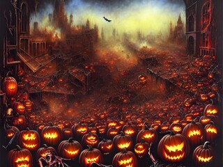 Burning futuristic city with remains and skulls on the ground, huge cinematic scene, white yellow and red lights, castles and amazing structures, halloween horror fantasy - obrazy, fototapety, plakaty