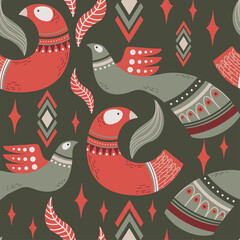  Scandinavian authentic minimal nordic seamless pattern with decorative birds on green background. Trees with folk nordic traditional ornaments in flat modern scandinavian style. 
