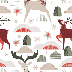  Scandinavian authentic minimal nordic seamless pattern with deers and snowflakes on isolated background. Deers with folk nordic traditional ornaments in flat modern scandinavian style. 