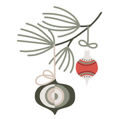 Scandinavian authentic minimal nordic composition with three balls on branch on isolated background. Decorations with folk nordic traditional ornaments in flat modern scandinavian style. 