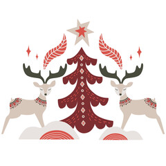 Scandinavian authentic minimal nordic composition with deers and christmas tree on isolated background. Deers with folk nordic traditional ornaments in flat modern scandinavian style. 
