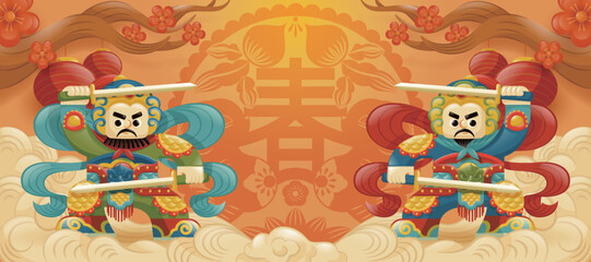Spring Festival door god and paper-cut illustration