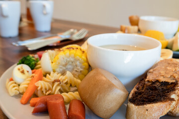 hearty breakfast on desk