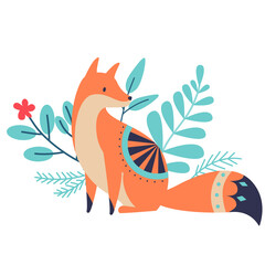 Scandinavian authentic minimal nordic composition with fox and flowers on isolated background. Fox with folk nordic traditional ornaments in flat modern scandinavian style.
