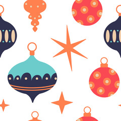 Scandinavian authentic minimal nordic seamless pattern with decoration balls on isolated background. Decorations with folk nordic traditional ornaments in flat modern scandinavian style.
