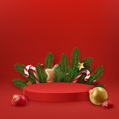 Christmas red podium with firs, candy canes, christmas balls and stars. Holiday background and festive decorations. Christmas and new year 3D scene, podium for product display