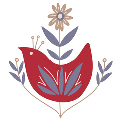 Scandinavian authentic minimal nordic composition with bird and flowers illustration on isolated background. Bird and flowers with folk nordic geometry ornaments in flat modern scandinavian style. 