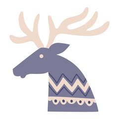 Scandinavian authentic minimal nordic head of deer illustration on isolated background. reindeer with folk nordic geometry ornaments in flat modern scandinavian style. 