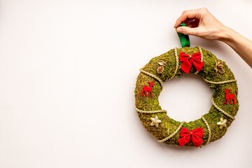Handmade Christmas wreath. New year decoration background