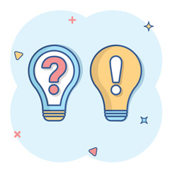 Problem solution icon in comic style. Light bulb idea vector cartoon illustration on isolated background. Question and answer business concept.