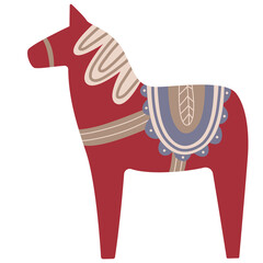 Scandinavian authentic minimal nordic hala swedish horse illustration on isolated background.  Horse  with folk nordic geometry ornaments in flat modern scandinavian style.  - obrazy, fototapety, plakaty
