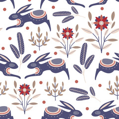 Scandinavian authentic minimal nordic seamless pattern with rabbit, hare in flowers illustration on isolated background with folk ornaments in flat modern scandinavian style. 
