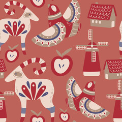 Scandinavian authentic minimal nordic seamless pattern with goat, mill, house and birds illustration on isolated background with folk ornaments in flat modern scandinavian style.  © marialetta
