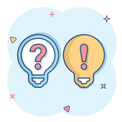 Problem solution icon in comic style. Light bulb idea vector cartoon illustration on isolated background. Question and answer business concept.