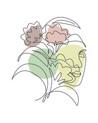 Single continuous line drawing nature portrait minimalist. Flower bouquet head concept. Beauty floral cosmetic salon abstract face print. Trendy one line art draw design vector graphic illustration