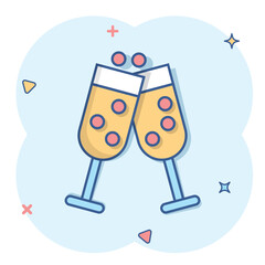 Champagne glass icon in comic style. Alcohol drink vector cartoon illustration on white isolated background. Cocktail splash effect business concept.