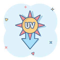 UV radiation icon in comic style. Ultraviolet cartoon vector illustration on white isolated background. Solar protection splash effect business concept.