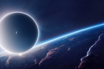 3d rendering of an Earth like planet with moon in space. Sci- fi, futuristic, technology, astronomy,  geology, history.