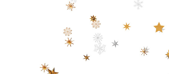 new year pattern. Christmas theme, golden openwork shiny snowflakes, star, 3D rendering.