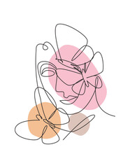 One continuous line drawing sexy woman abstract face with butterfly wings logo. Female portrait minimalist style concept. Cosmetic icon. Dynamic single line draw design graphic vector illustration