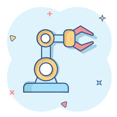 Robot arm icon in comic style. Mechanic manipulator cartoon vector illustration on white isolated background. Machine splash effect business concept.