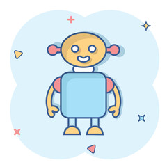 Cute robot chatbot icon in comic style. Bot operator cartoon vector illustration on white isolated background. Smart chatbot character splash effect business concept.