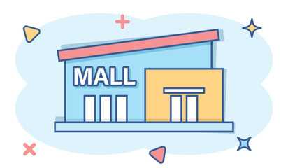 Mall icon in comic style. Store cartoon vector illustration on white isolated background. Shop splash effect business concept.