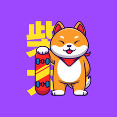 Cute Shiba-Inu Holding Skateboard Cartoon Illustration