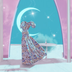 Surreal fashion dress with moon and stars. Luxury 3D rendering scene for advert presentation. Magic atmosphere