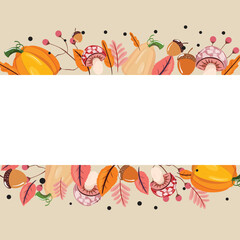 Autumn template with mushrooms, leaves, berries and pumpkin.