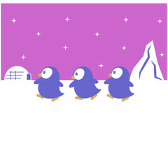 氷の上を歩く3匹のペンギンのイラスト