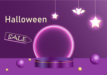 Abstract realistic 3D orange cylindrical pedestal on a purple background.Cute flying mouse on the background. Happy halloween minimal scene for product presentation. Vector geometric rendering platfor