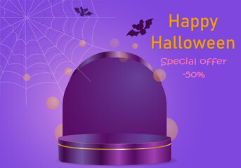 Abstract realistic 3D orange cylindrical pedestal on a purple background.Cute flying mouse on the background. Happy halloween minimal scene for product presentation. Vector geometric rendering platfor