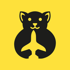 Dog Travel Logo Negative Space Concept Vector Template. Dog Holding Airplane Symbol