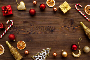 Festive Christmas flat lay with holiday decoration. Greeting card background