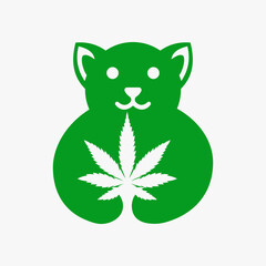 Dog Cannabis Logo Negative Space Concept Vector Template. Dog Holding Marijuana Symbol