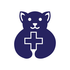 Dog Clinic Logo Negative Space Concept Vector Template. Dog Holding Plus Symbol