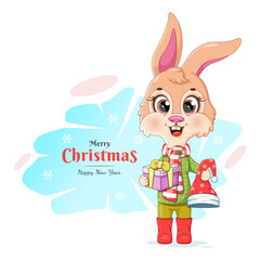Merry Christmas and Happy New Year card with a сute and funny bunny