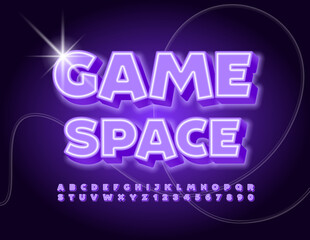 Vector glowing sign Game Space. Bright neon Font. Modern Alphabet Letters and Numbers set
