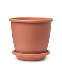 Front view of empty plastic brown flower pot