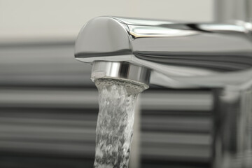 Water flowing from tap on blurred background, closeup