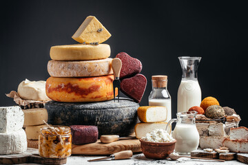 Various kind of cheese. head of handcrafted hard cheese on a dark background