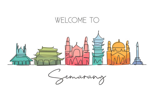 Single continuous line drawing of Semarang city skyline, Central Java Indonesia. Famous city for wall decor print. World travel concept. Editable stroke modern one line draw design vector illustration