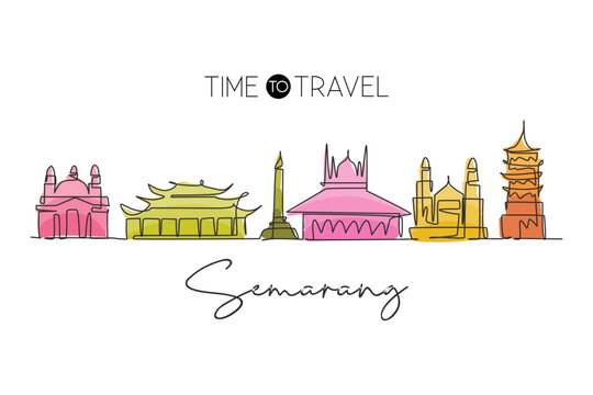 One single line drawing of Semarang city skyline, Java, Indonesia. Town landscape for home wall decor poster. Best holiday destination. Trendy continuous line draw graphic design vector illustration