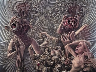 huge crowd of mutated aliens humanoid all merged together in one big sketch of horror for halloween