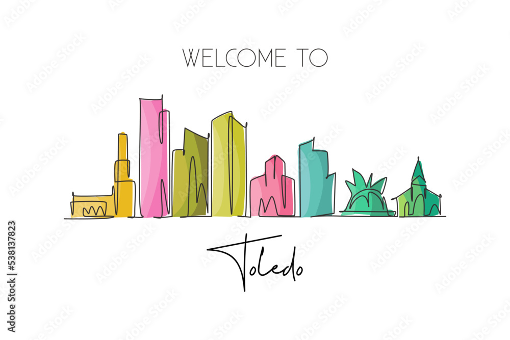 Wall mural Single continuous line drawing of Toledo city skyline, Ohio. Famous city scraper landscape. World travel home wall decor art poster print concept. Modern one line draw design vector illustration