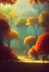Halloween abstract painting view of mixed autumn forest landscape warm tracking light illustration