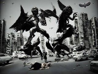 Distopian end of days - people are attacked by mutated monster like winged angels from above, aliens and weird entities, nightmare scene, cinematic and dark, horrific, horror, halloween style dream - obrazy, fototapety, plakaty